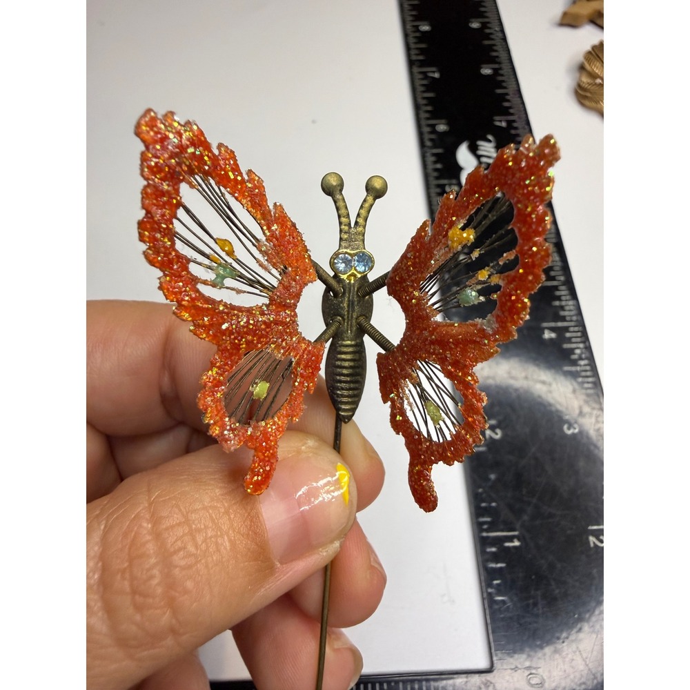 Vintage Orange Glitter Butterfly Stick Pin Gold Tone Blue Rhinestone Eyes